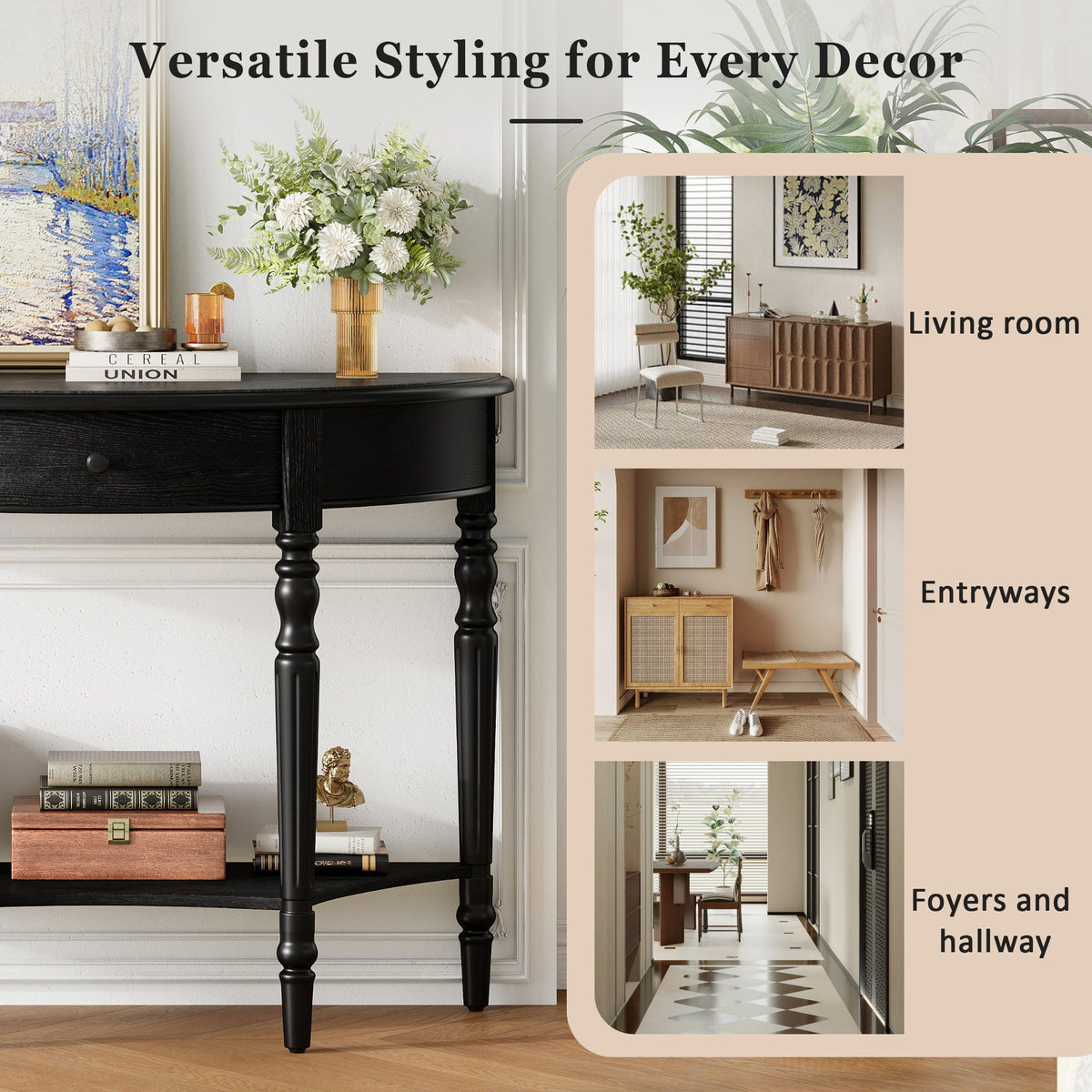 Half Moon Console Table With Drawer & Shelf Accent Table For Entryway - Black