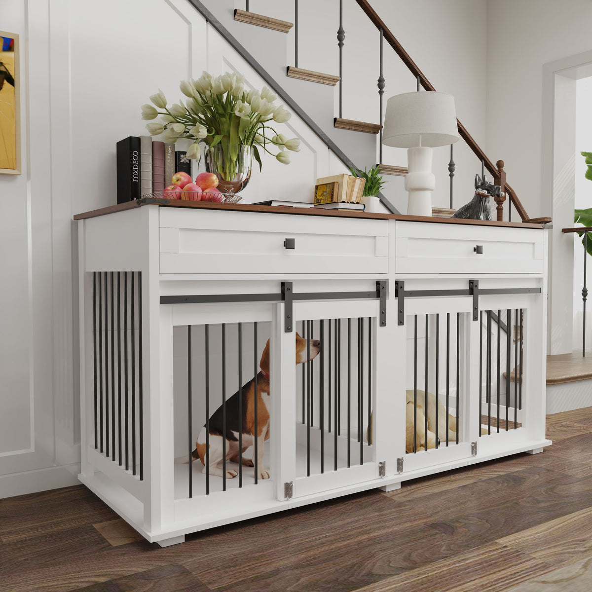 Large Dog Crate, Water Resistant Indoor Pets Furniture Double Dog Crates - Brown White