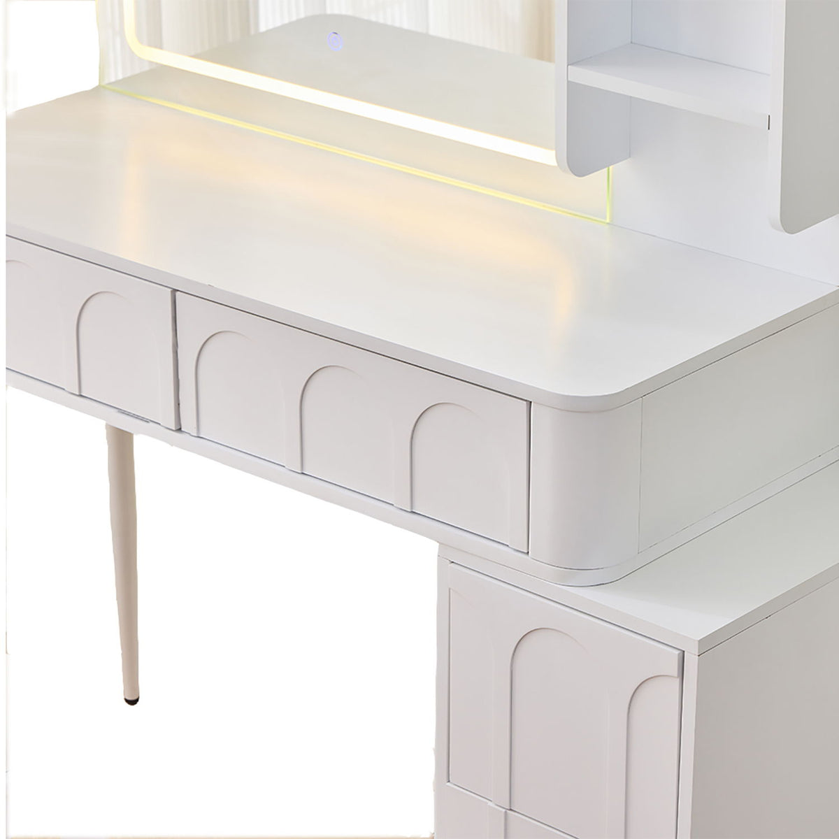 Modern Makeup Vanity Desk With LED Lights & Mirror 4 Drawer Dressing Table Set Space Saving For Bedroom - White