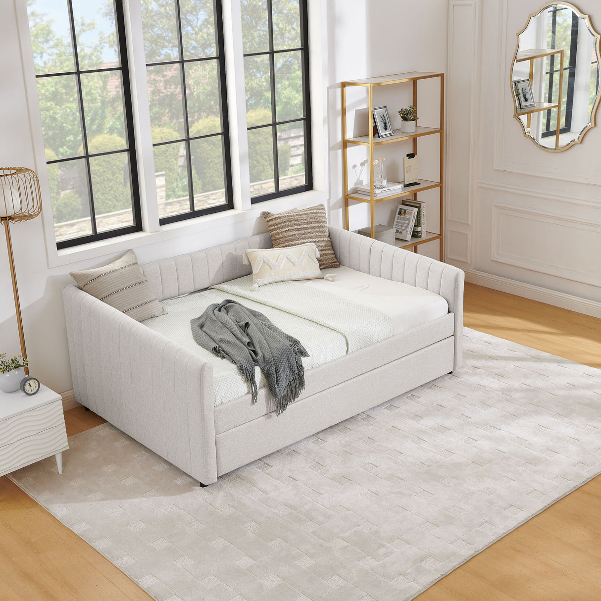 Upholstered Daybed With Trundle With Vertical Stripes