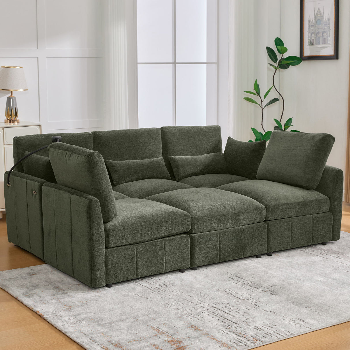 Modern Modular U-Shaped Sofa Bed With Movable Ottoman, USB Ports, Phone Holder