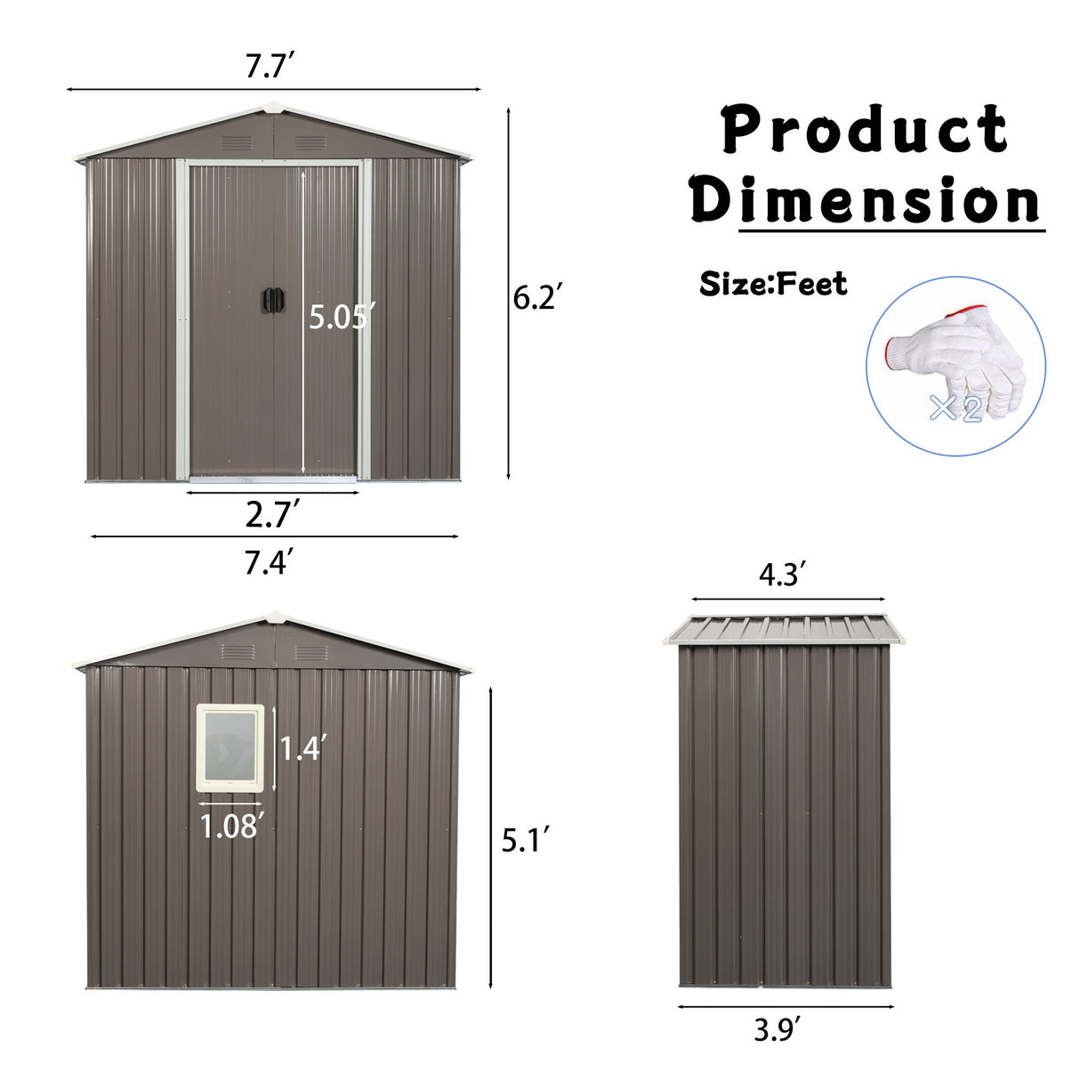 Outdoor Metal Storage Shed Garden Building Weather Resistant Steel 7.5x4ft