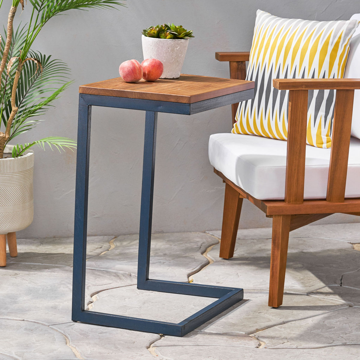 Large C Shaped End Table With Iron Base And Fir Wood Top - Black