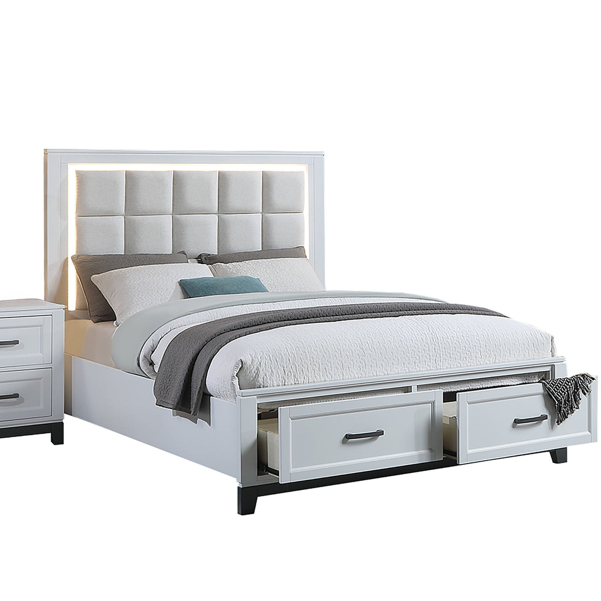 Upholstered Headboard Platform Bed With LED Lighting And Underbed Drawers