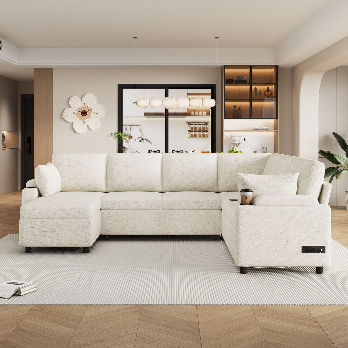 U-Shaped Sectional Sleeper Sofa With Ample Storage Space, 2 Cup Holders And Charging Ports For Living Room