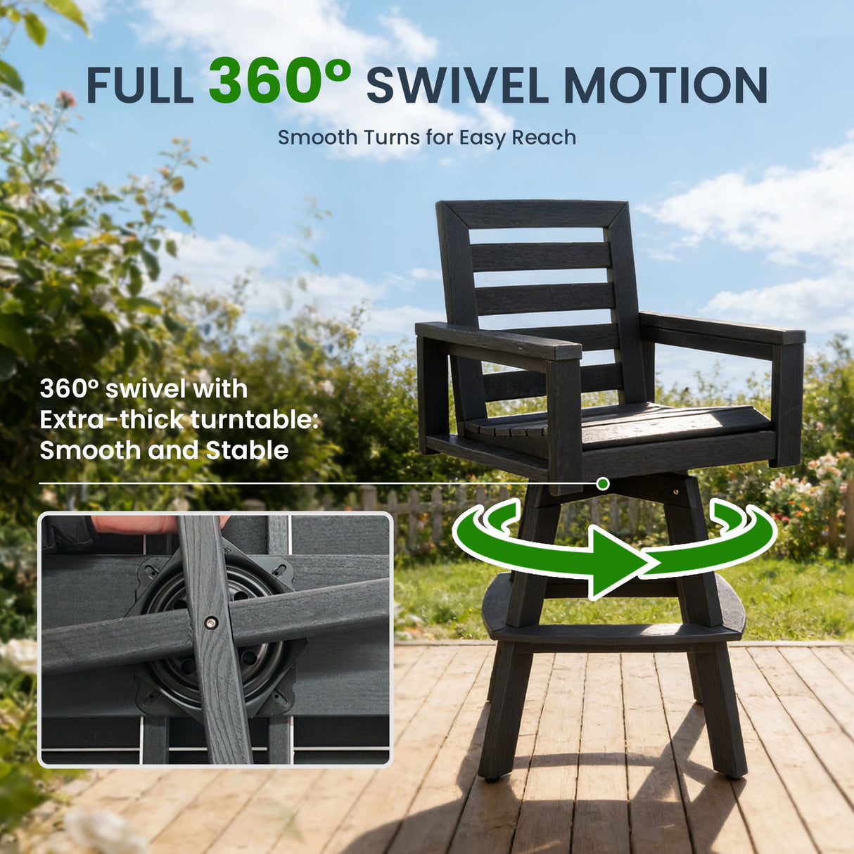 Outdoor Swivel Bar Chair, Ladderback With Wide & Thickened Frame