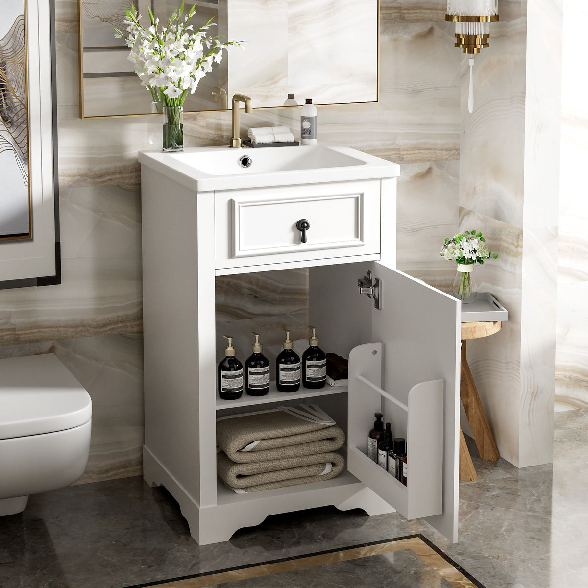 Elegant Bathroom Vanity With Ceramic Sink, Soft Close Door, Adjustable Shelf