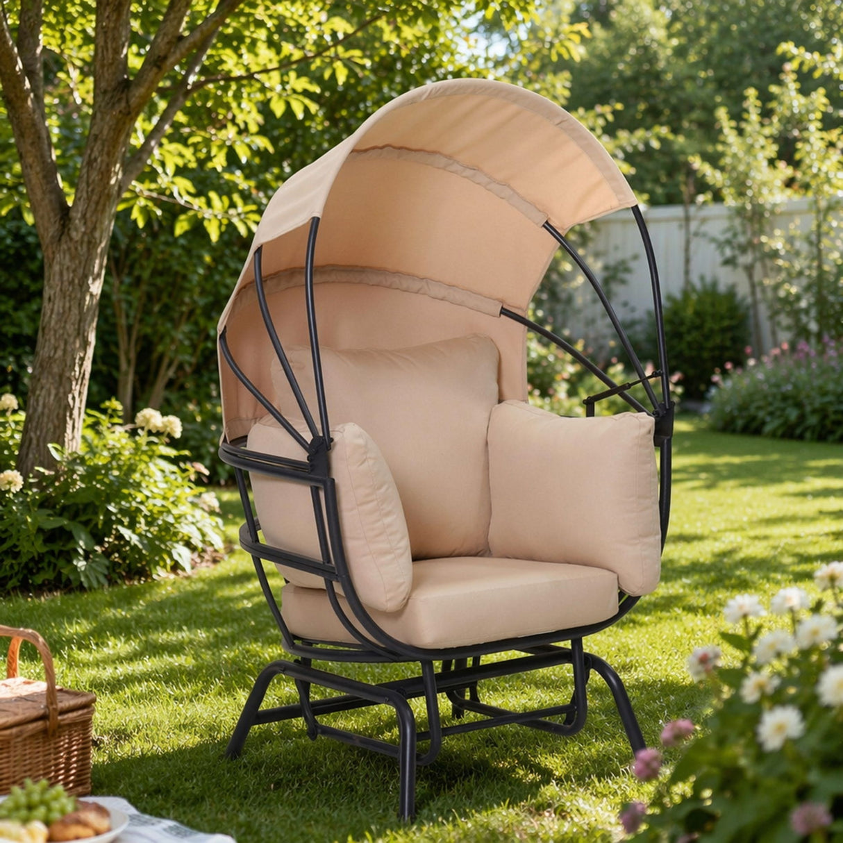 Egg Chair With Cushion And Retractable Canopy - Black / Taupe