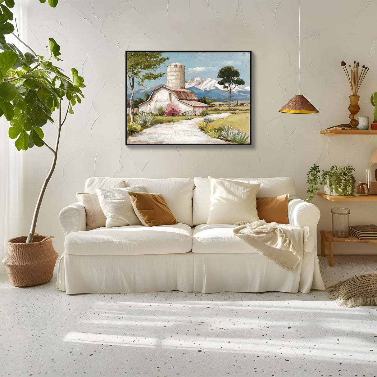 Framed Canvas Wall Art Beautiful Field Painting Wildflower Barn Print Nature Scenery Picture For Home - Blue / Pink