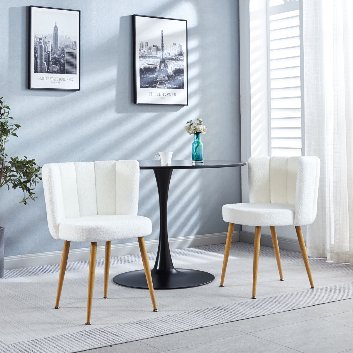 Modern Dining Chair (Set of 2) With Iron Tube Wood Color Legs, Shorthair Cushions And Comfortable Backrest, Suitable For Dining Room, Living Room, Cafe, Simple Structure - White