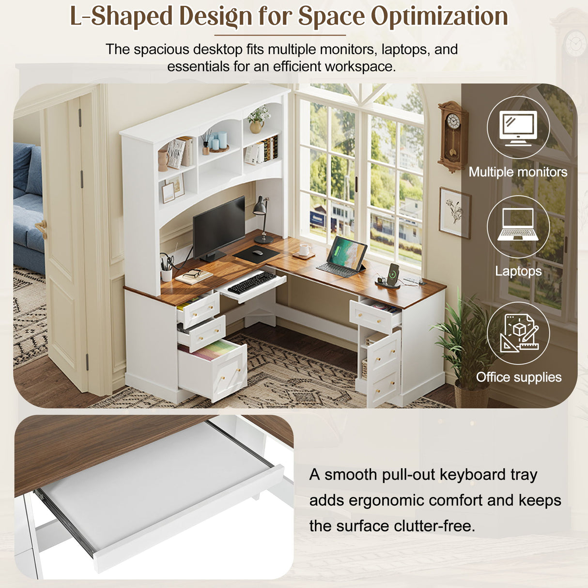 Space Saving L-Shaped Computer Desk With Keyboard Tray & Charging Stations