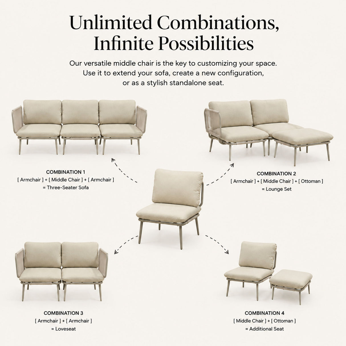 Modular Patio Armless Sofa Chair With Thick Cushion - Off White