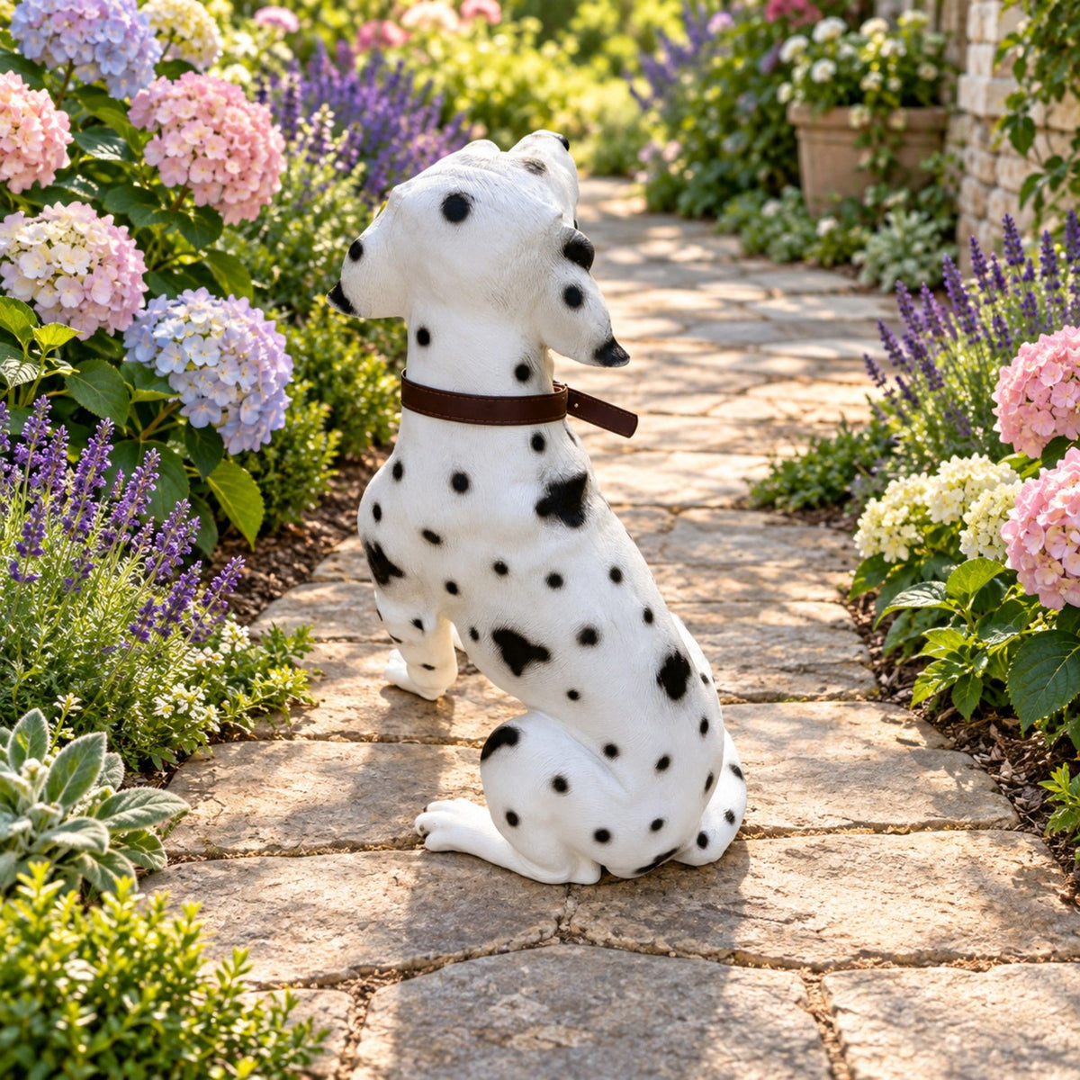 Large Dalmatian Dog Statue, Sitting Spotted Pet Sculpture For Entryway Patio - Black White