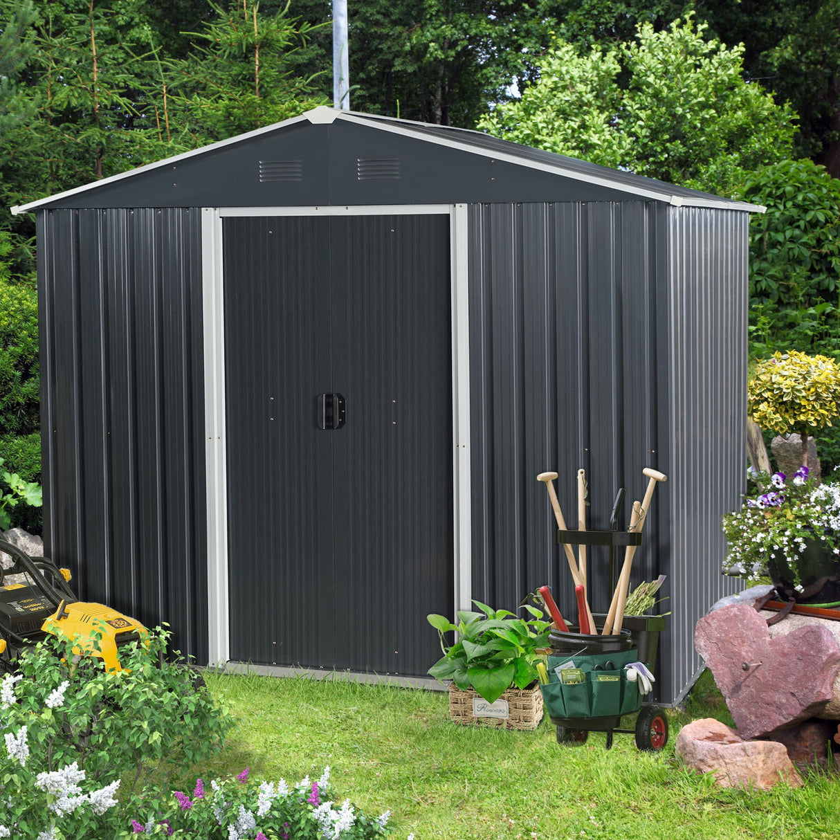Outdoor Metal Storage Shed Garden Building Heavy Duty with Floor Base