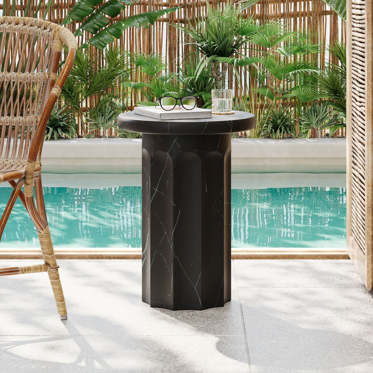 Outdoor Lightweight Concrete BMarble Effect Side Table, Living Room End Table - Black / Marble