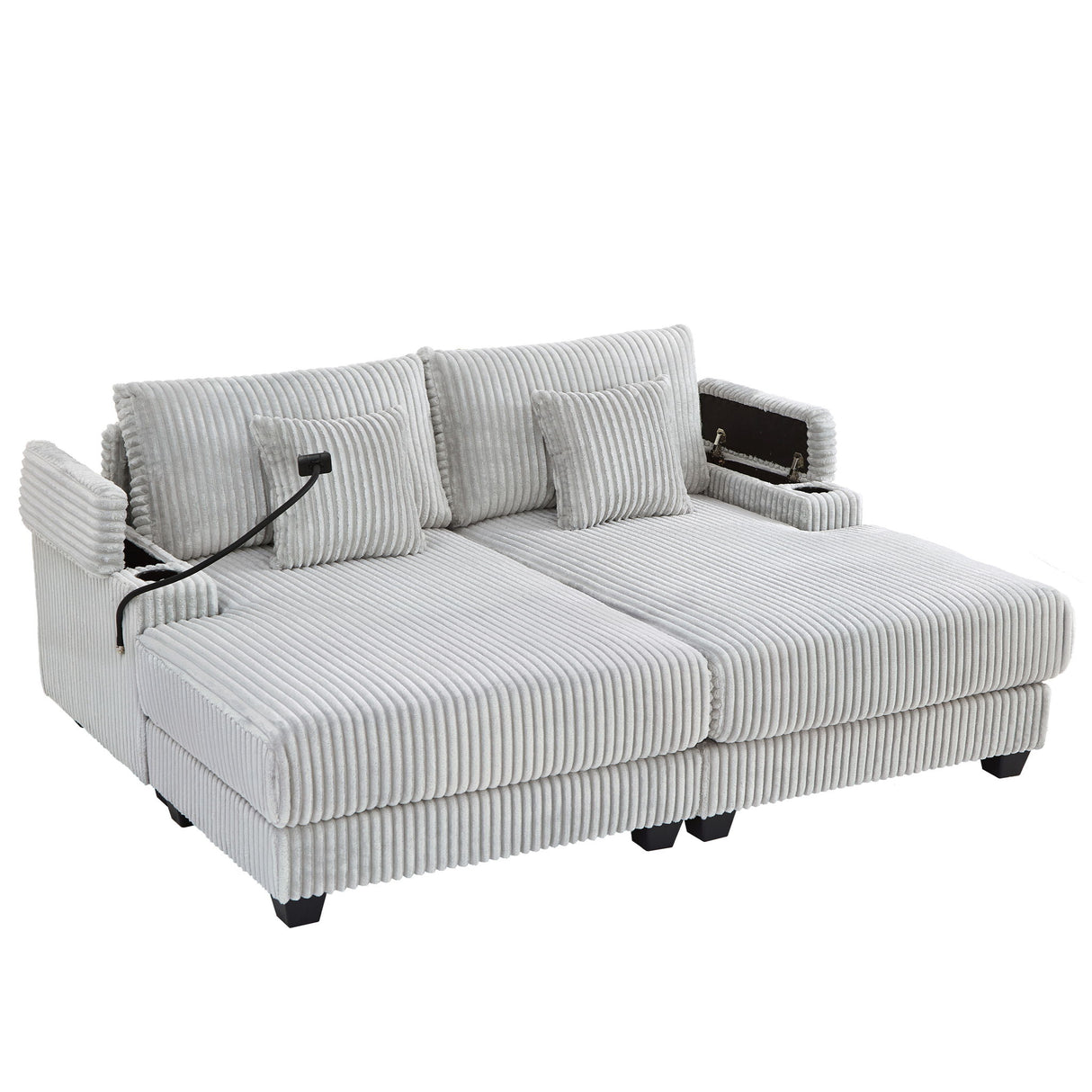 Chaise Sofa With Adjustable Backrest, Cup Holders, Phone Holder & Storage Compartments For Living Room - Light Gray