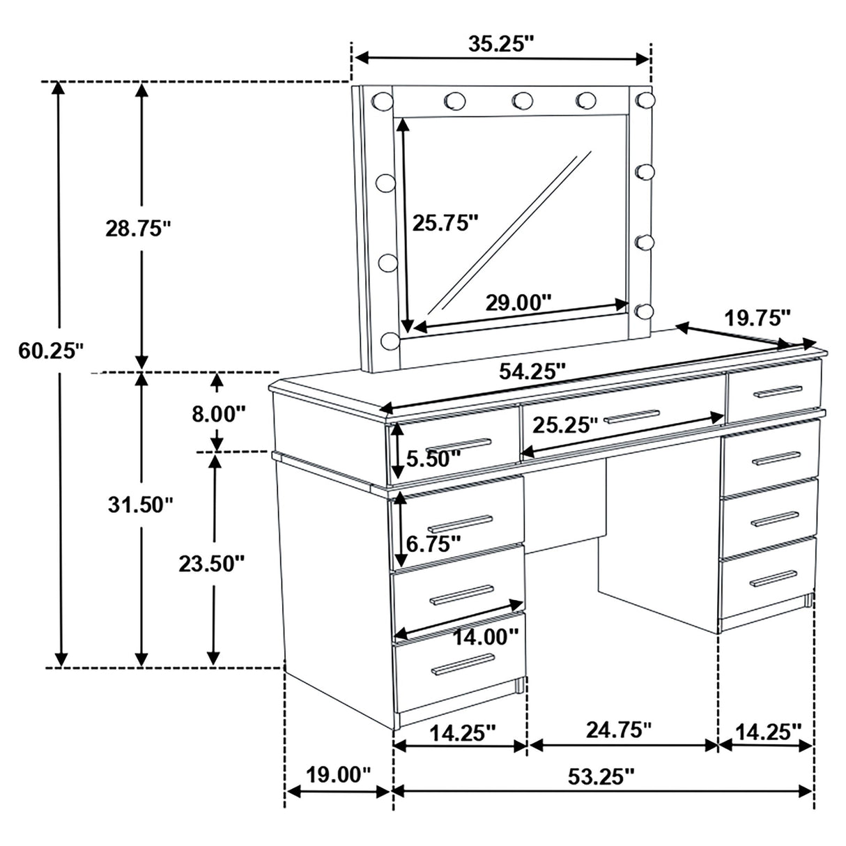 Sarah - 9 Drawer Vanity Desk With Mirror Set - White
