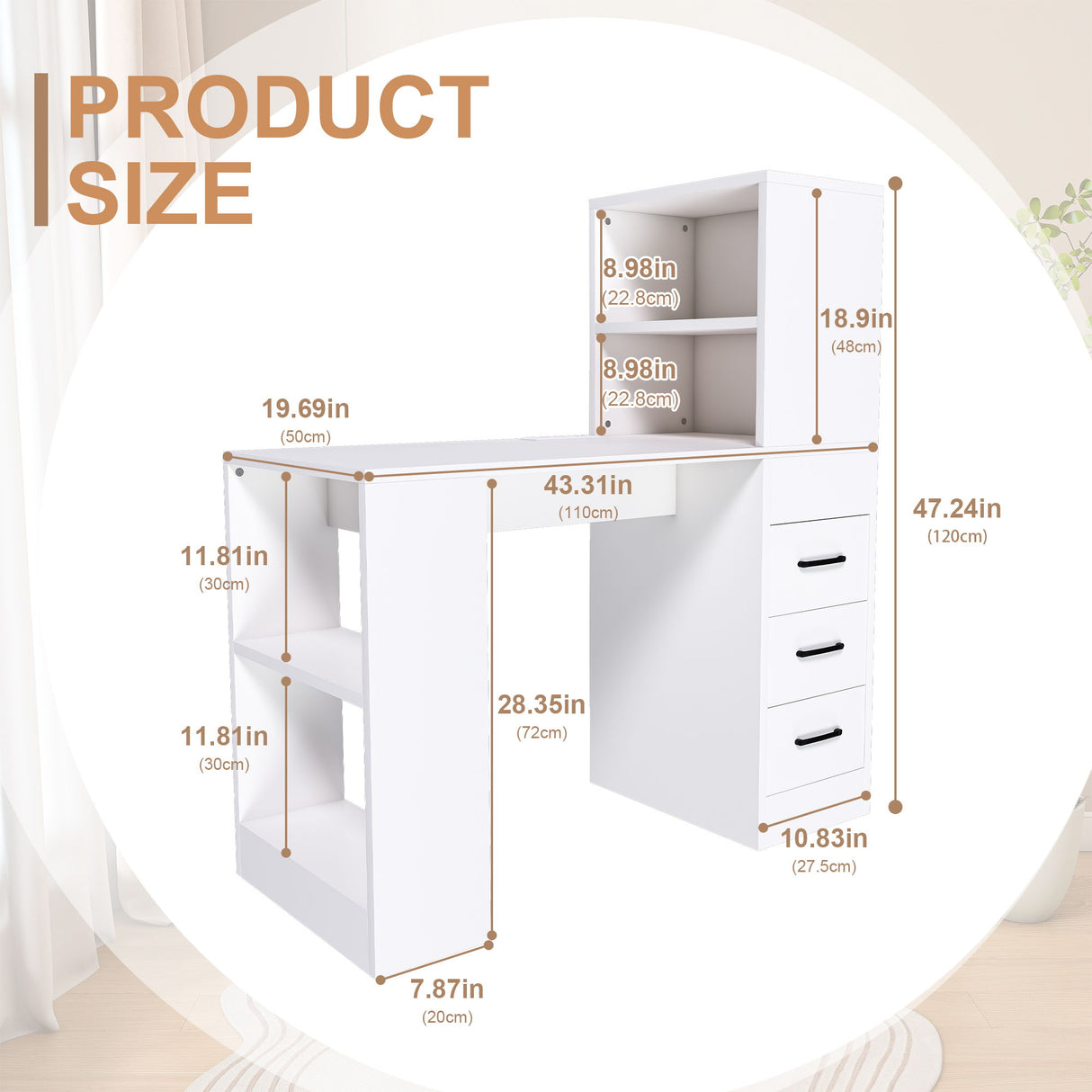 Computer Desk With 4 In 1 Socket & 3 Drawers, 4 Tier Shelves
