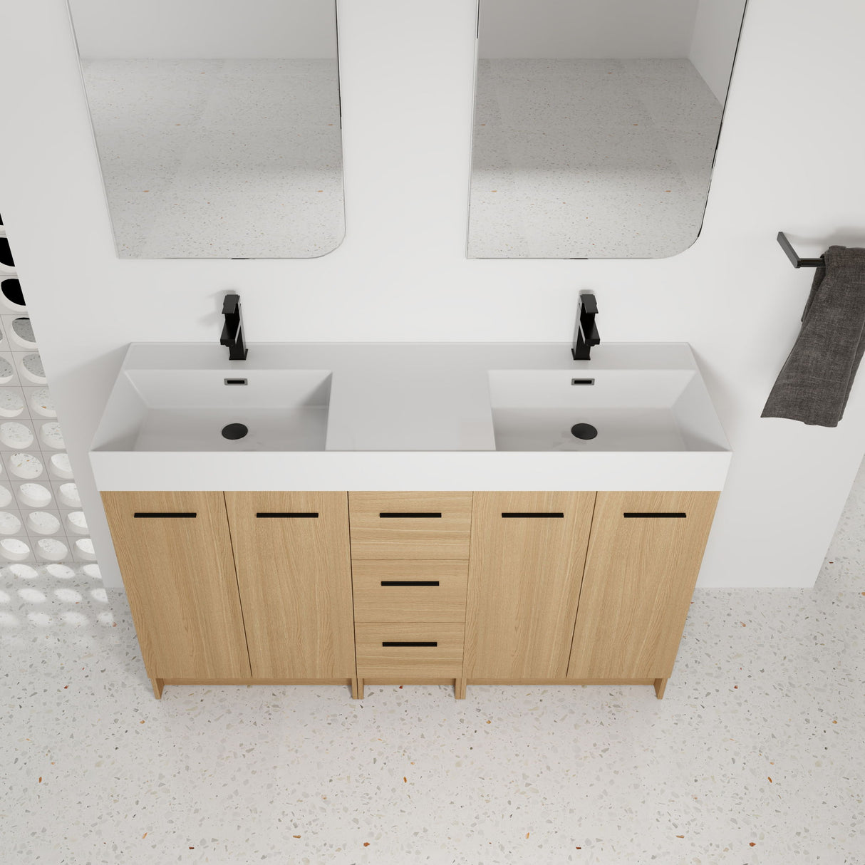 Double Sink Bathroom Vanity With 3 Drawers, Large Storage, Integrated Sink, Freestanding Cabinet, Soft Close Hardware - Glossy White / Light Oak