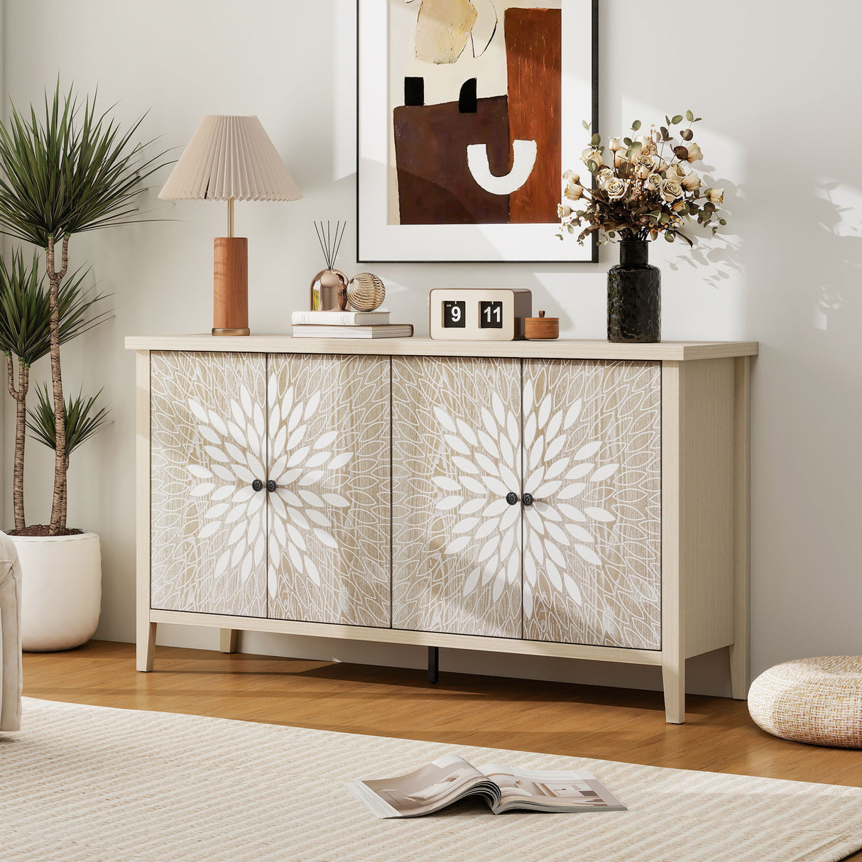 Sideboard Buffet Cabinet Carved 4 Door Storage 58in x 32in