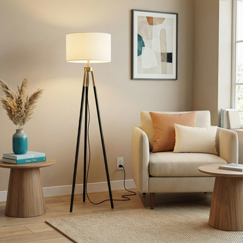 Sway Brassed Gold Floor Lamp with On/Off Switch Triple Legs White Fabric Shade