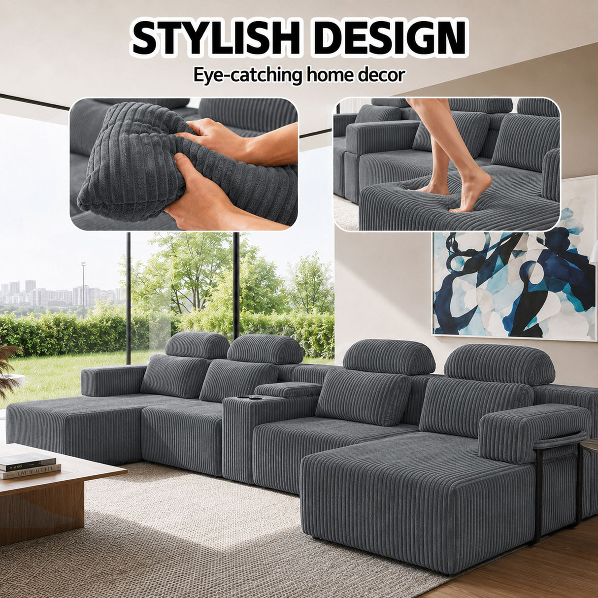 U-Shaped Sectional Sofa With Chaise Lounge And Cup Holders