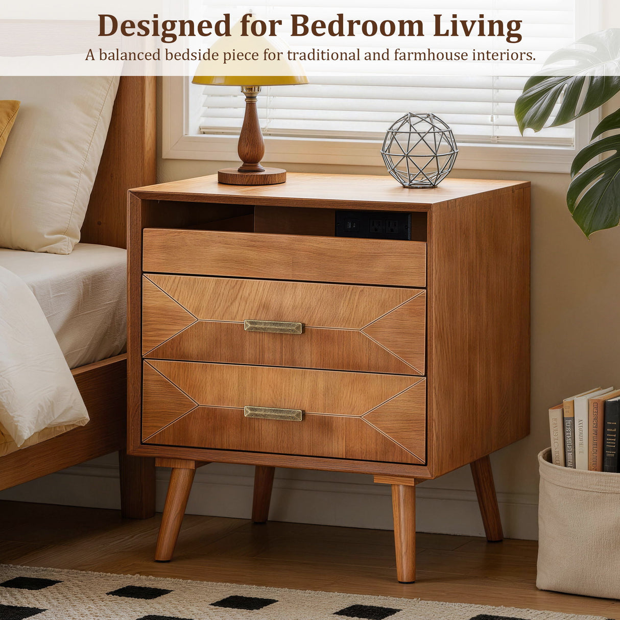 Nightstand With Charging Station, 2 Drawers And Open Shelf, USB / Type C Ports