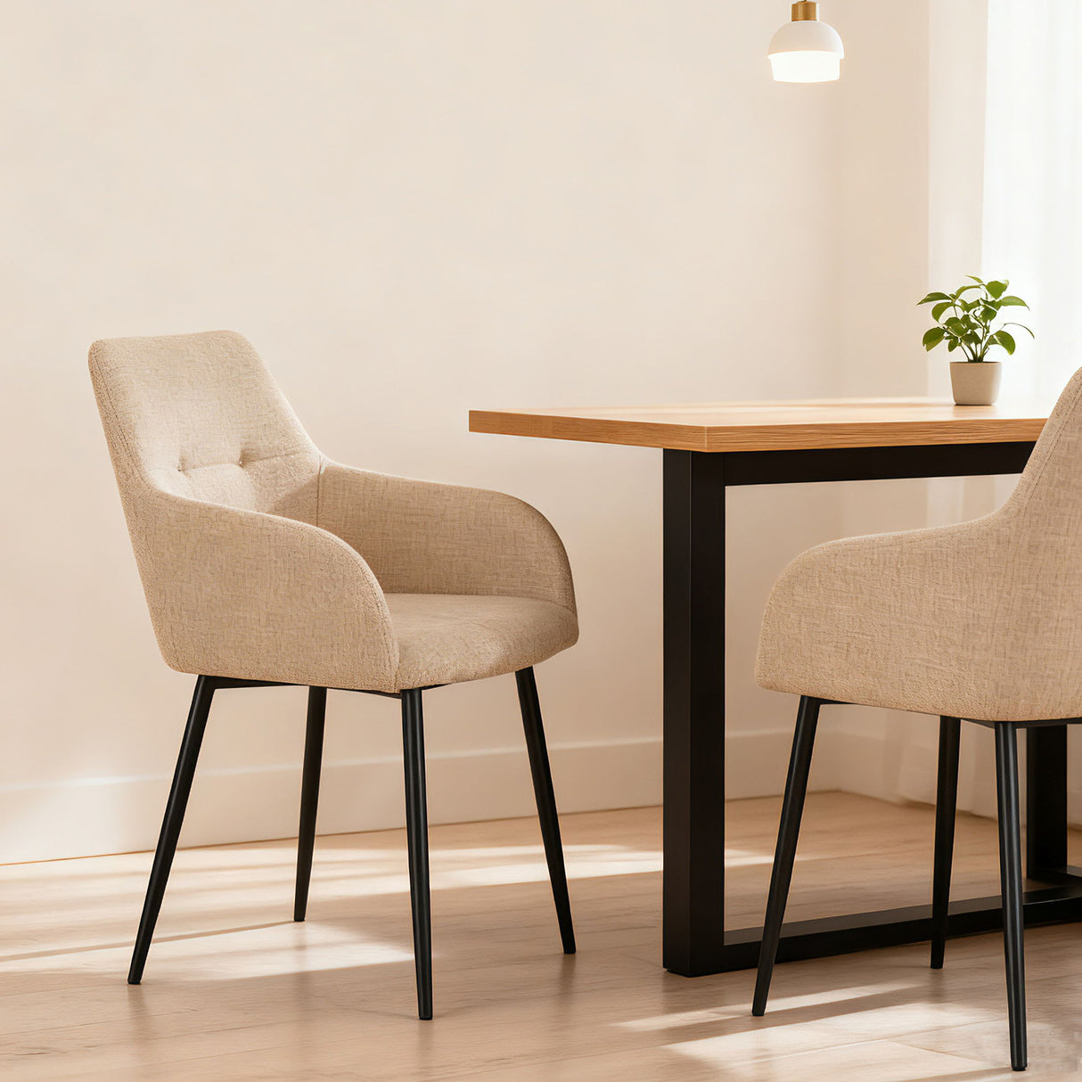 Dining Chair With Backrest And Wide Seat (Set of 2) - Beige