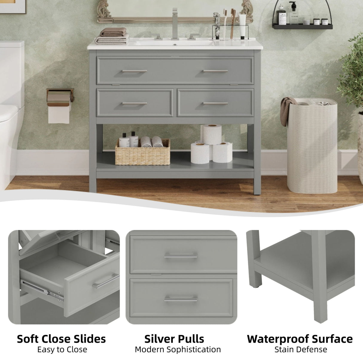 Bathroom Vanity With Sink, Tip Out Tray & 2 Full Extension Drawers - Gray