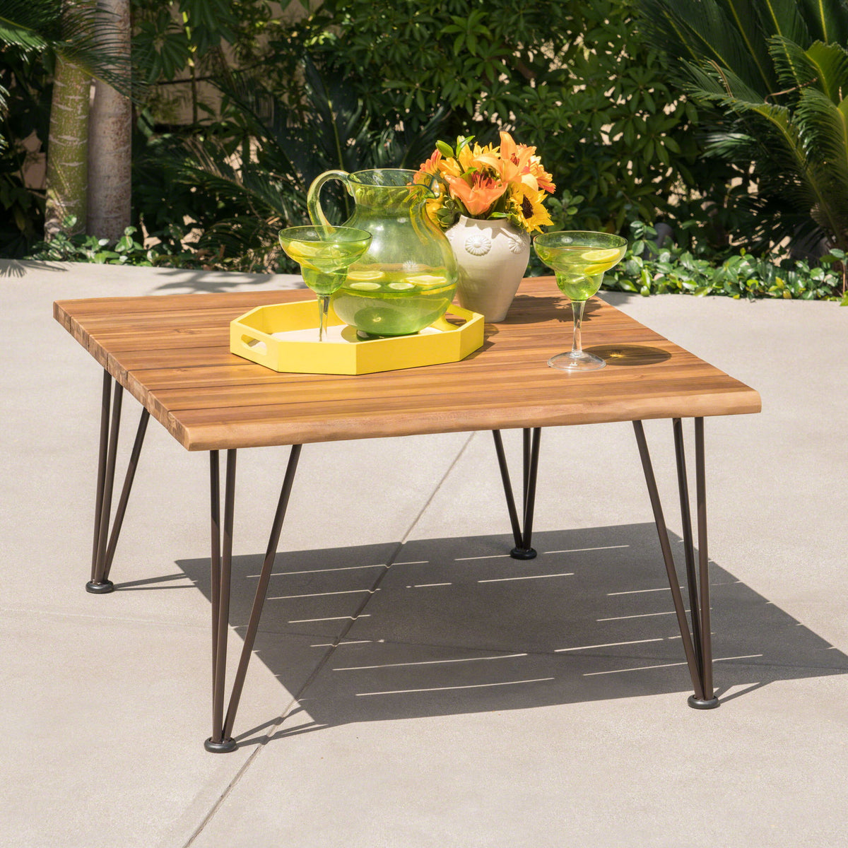 Outdoor Coffee Table With Slat Top And Metal Legs - Teak