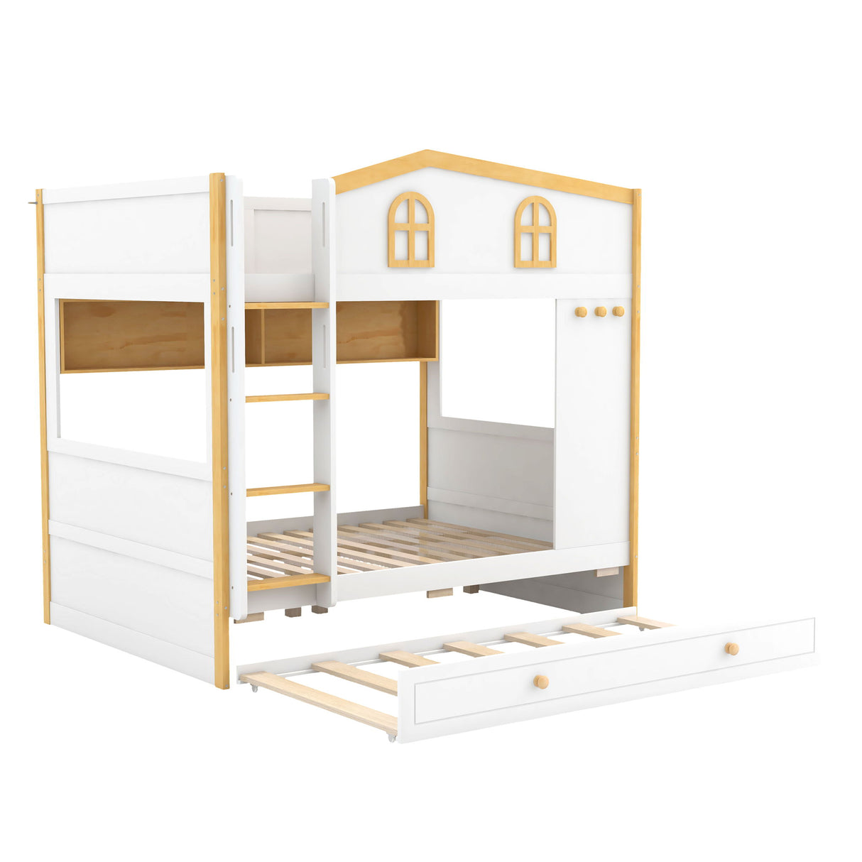 Full Over Full Bunk Bed With Storage Shelves And Trundle - White / Natural
