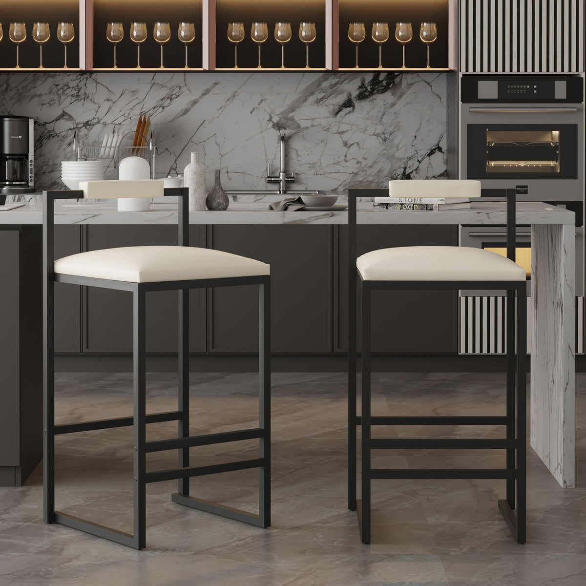 Elegant Bar Stool Set With Backrest And Footrest, Counter Height (Set of 2)