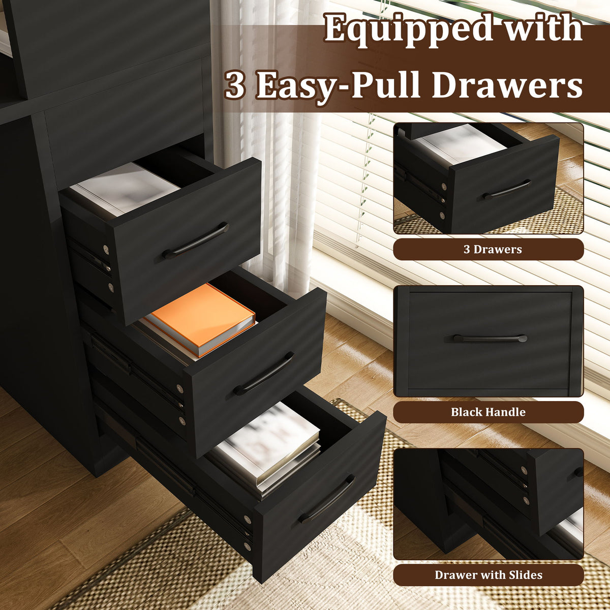 Computer Desk With 4 In 1 Socket, 3 Slide Drawers And 4 Storage Levels, For Home Office - Black