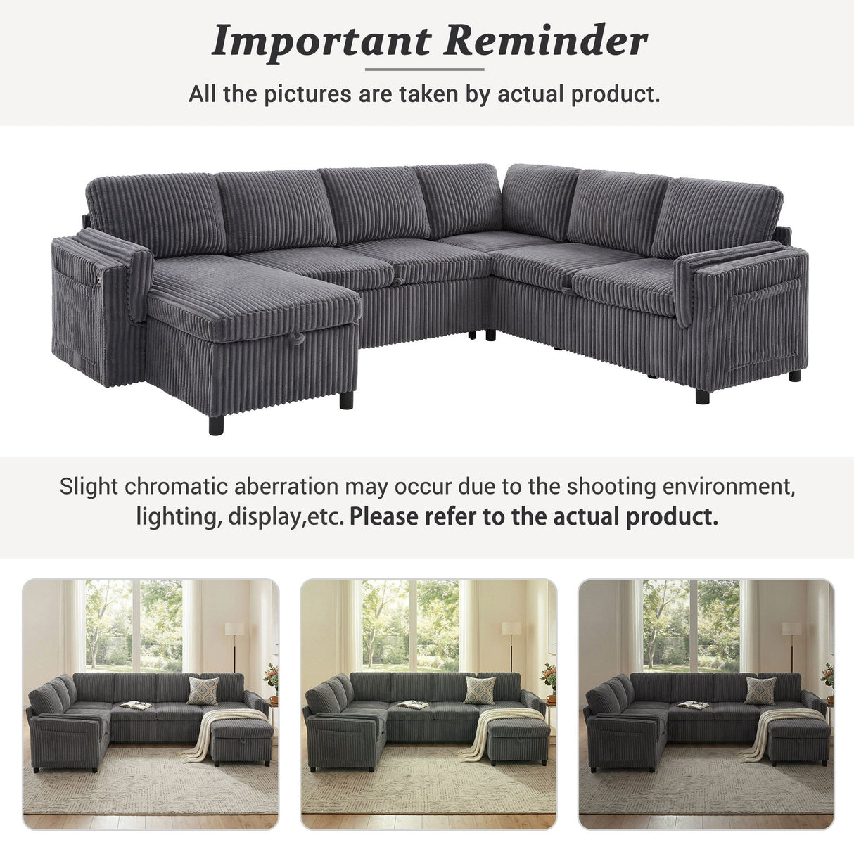 Convertible U-Shaped Sectional Sofa Bed With USB Ports And Storage