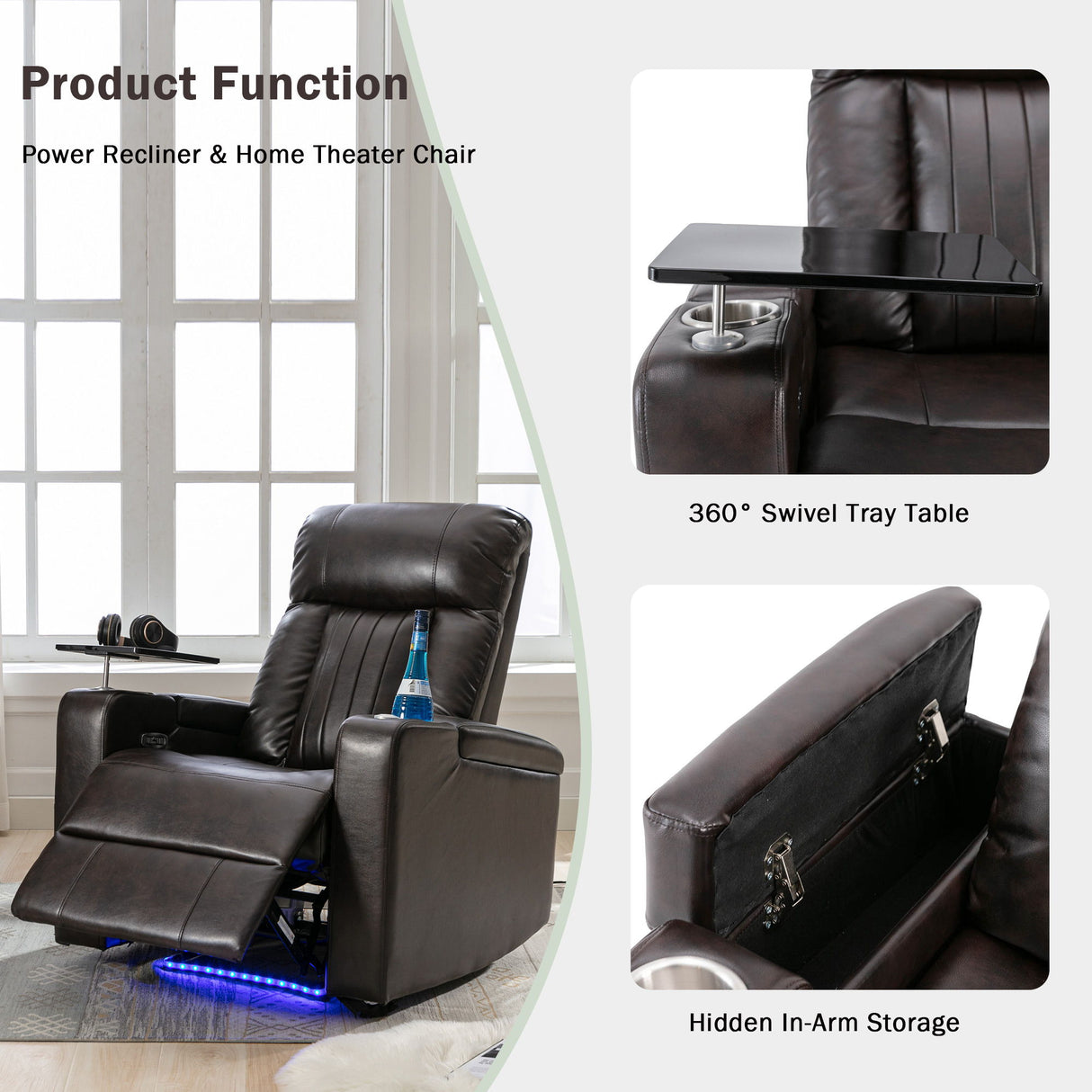 Power Recliner & Storage Arms, Cupholders, Swivel Tray Table And Cell Phone Stand