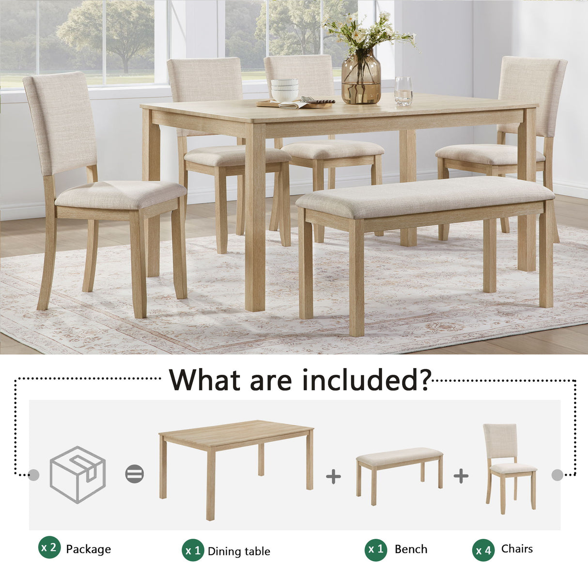 6 Piece Dining Table Set With Bench - Beige / Light Oak