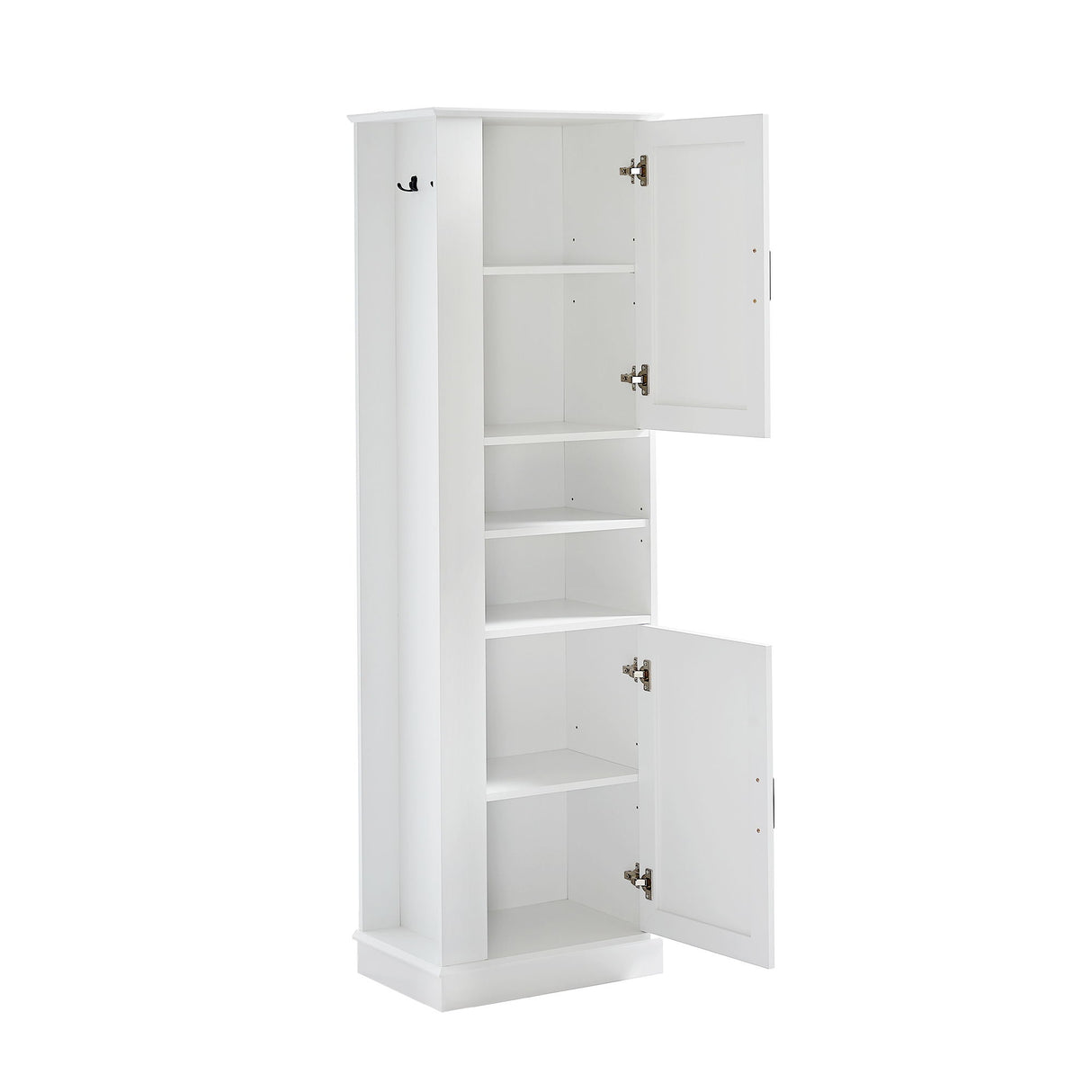Tall Freestanding Bathroom Storage Cabinet With Adjustable Shelves And Side Hooks Board, Rectangle Design