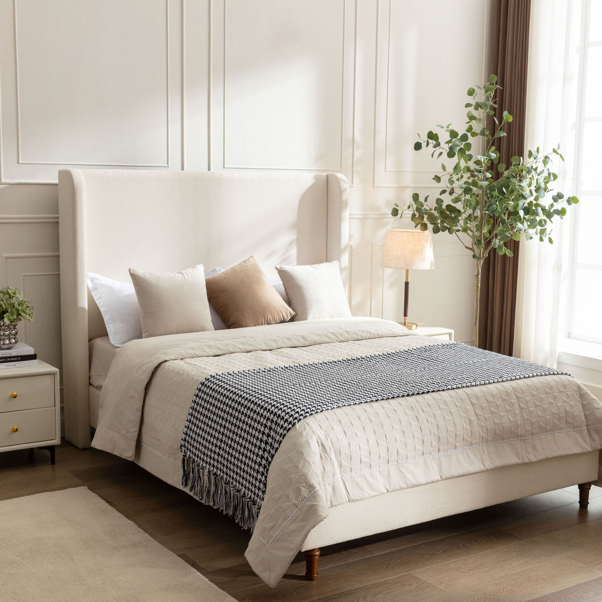 Harper - California King Size Tall Headboard Upholstered Bed - Ivory