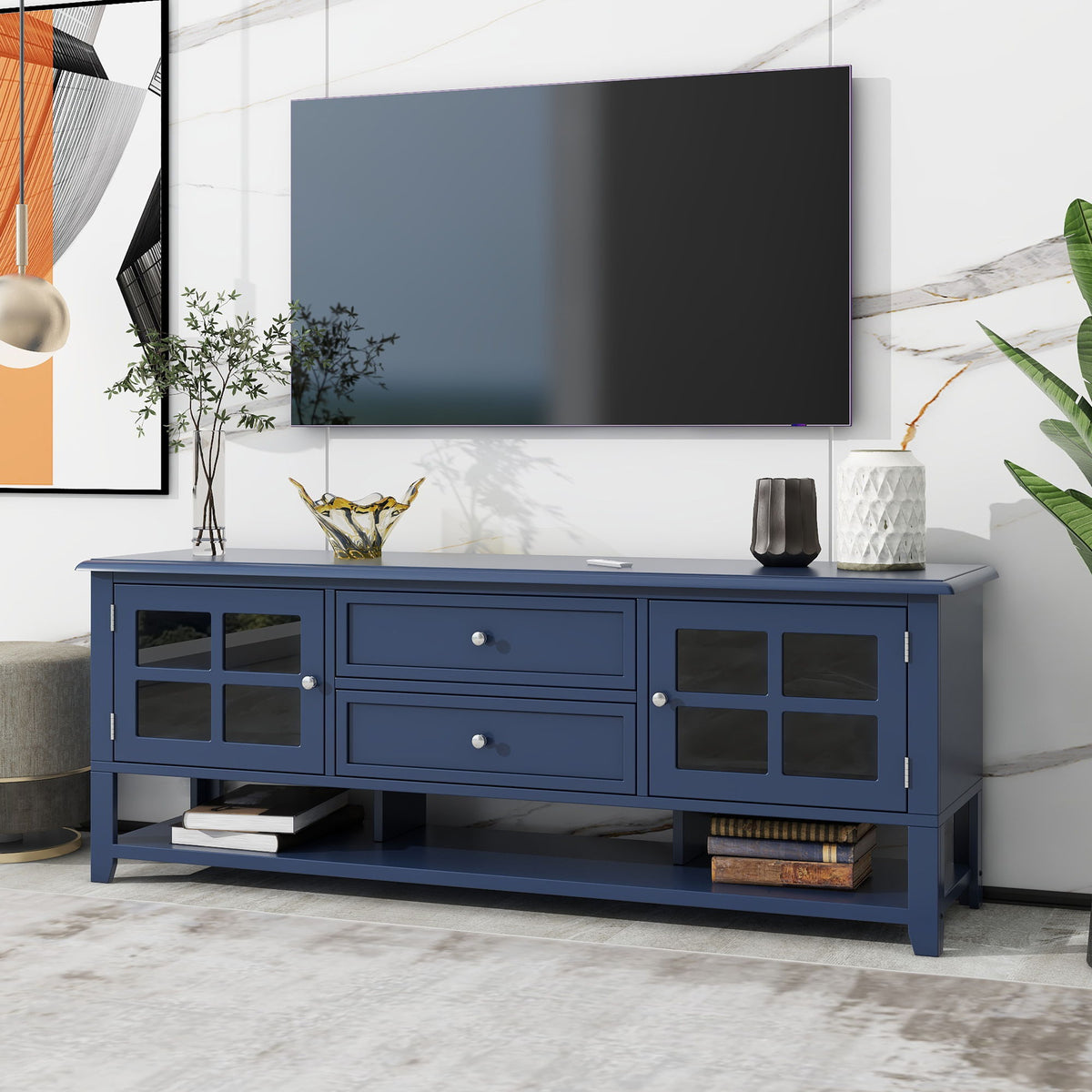 TV Stand For TVs Up To 60", Entertainment Center With Dual Drawers And Hidden Storage, Cabinet With Soft Closing Doors - Blue