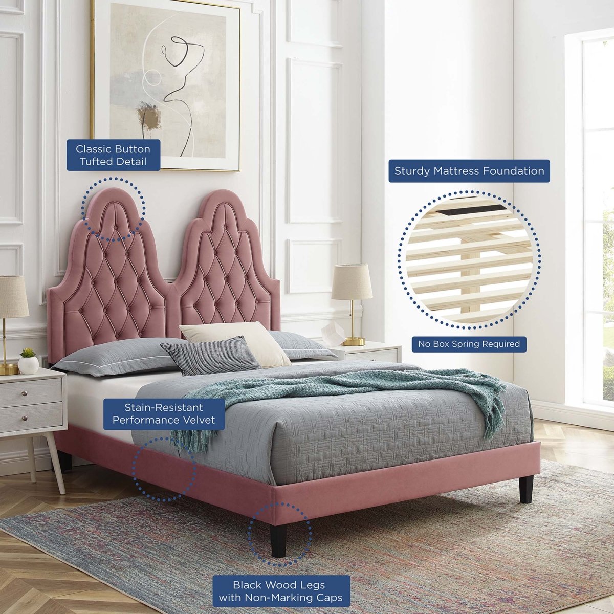 Diamond Tufted Performance Velvet Platform Bed with French Piping - Platform Bed available at Alpine Outlets in Denver