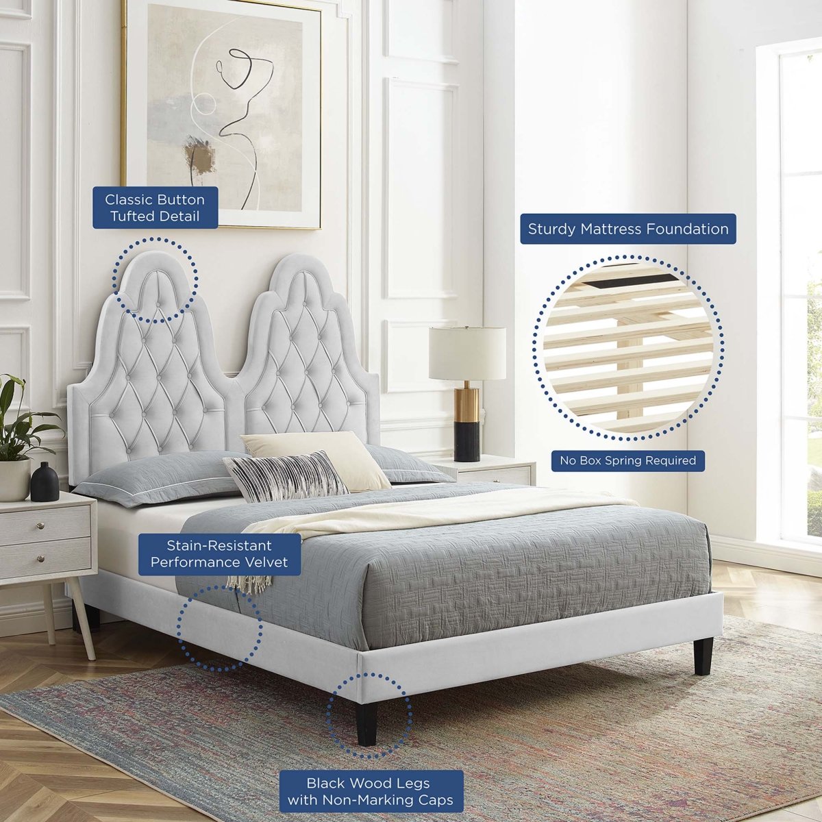 Diamond Tufted Performance Velvet Platform Bed with French Piping - Platform Bed available at Alpine Outlets in Denver