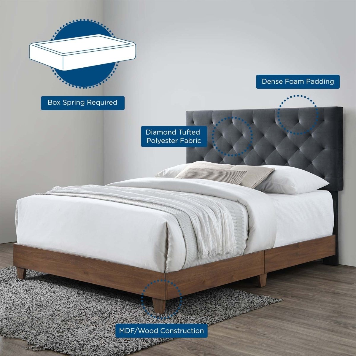 Diamond Tufted Performance Velvet Queen Bed with Walnut Veneer - Platform Bed available at Alpine Outlets in Denver