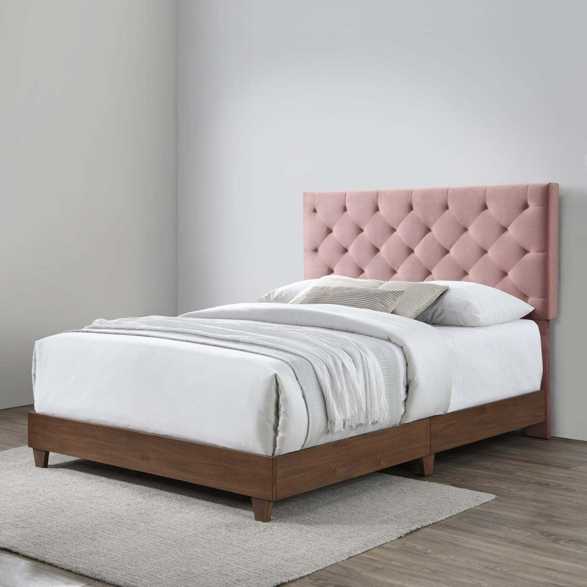 Diamond Tufted Performance Velvet Queen Bed with Walnut Veneer - Platform Bed available at Alpine Outlets in Denver
