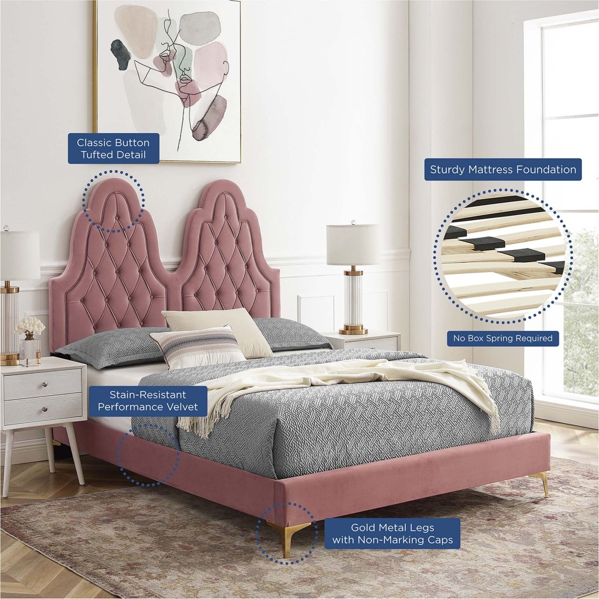 Diamond Tufted Performance Velvet Twin Platform Bed with Gold Metal Legs - Platform Bed available at Alpine Outlets in Denver