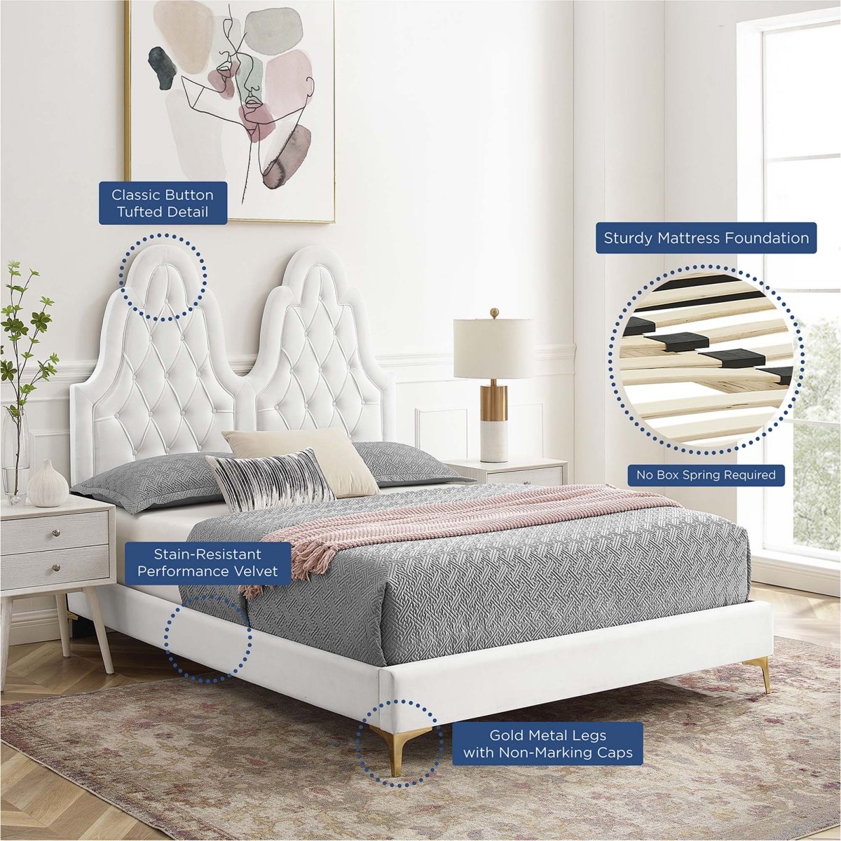 Diamond Tufted Performance Velvet Twin Platform Bed with Gold Metal Legs - Platform Bed available at Alpine Outlets in Denver