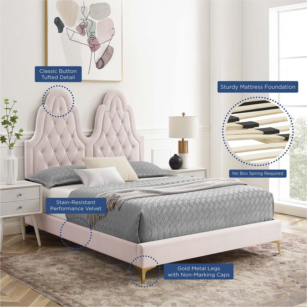 Diamond Tufted Performance Velvet Twin Platform Bed with Gold Metal Legs - Platform Bed available at Alpine Outlets in Denver