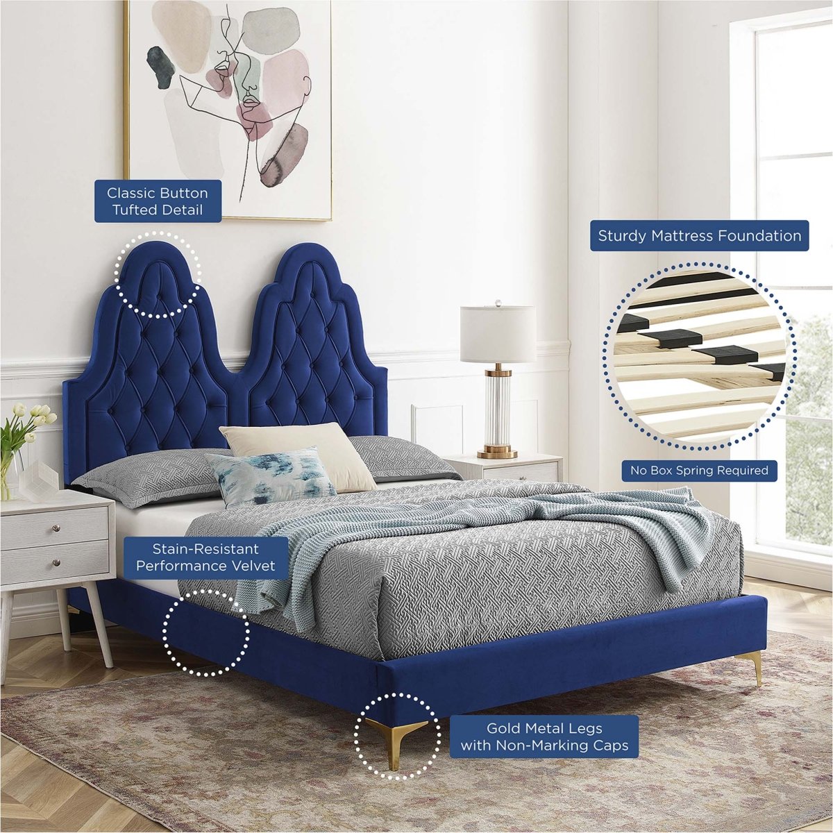 Diamond Tufted Performance Velvet Twin Platform Bed with Gold Metal Legs - Platform Bed available at Alpine Outlets in Denver