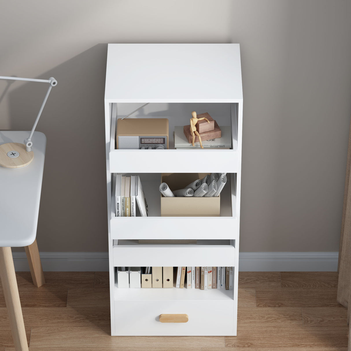 4 Tier Freestanding Bookshelf With 3 Sliding Drawers And 1 Bottom Drawer - White