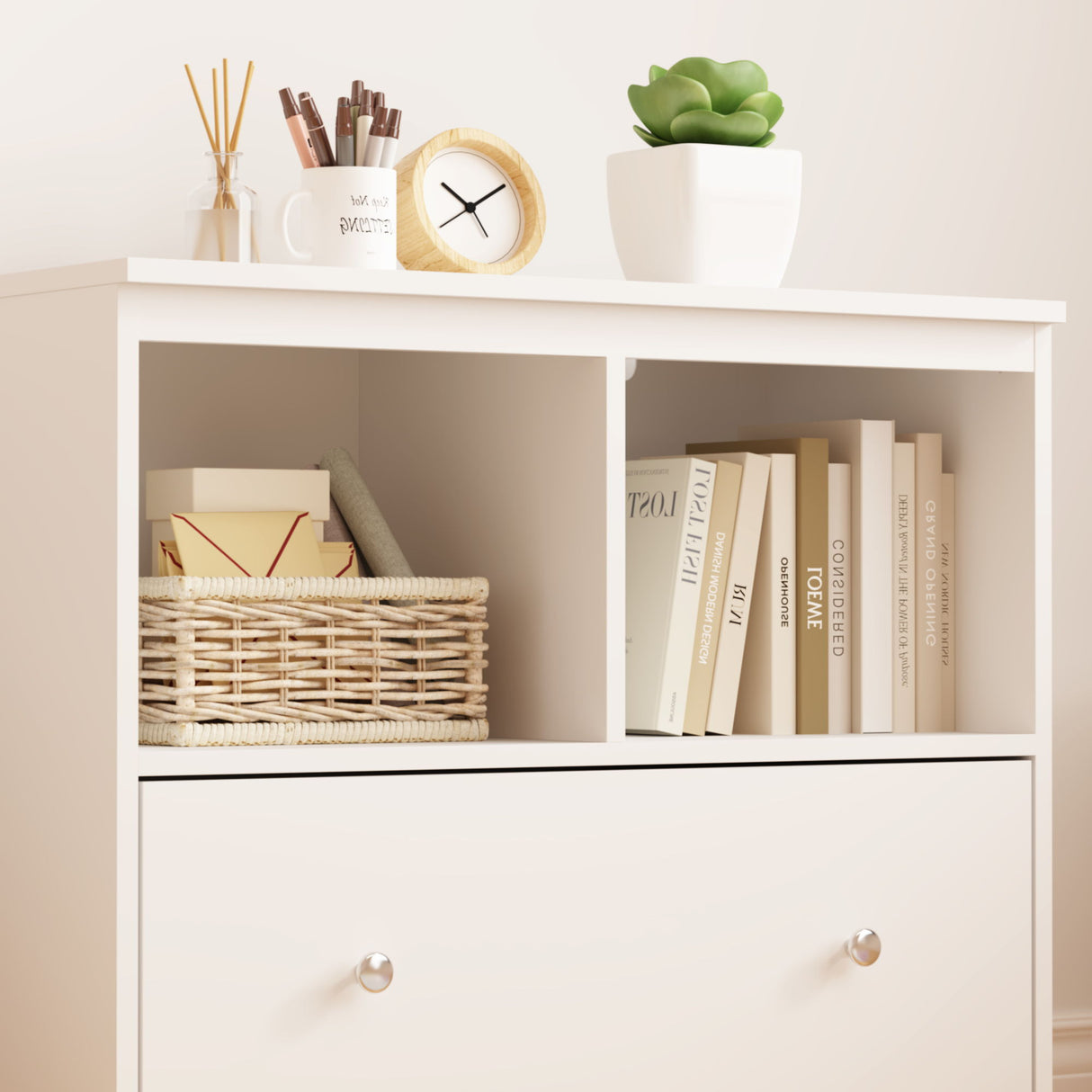 Toy Storage Organizer With Large Drawer And Low Bookshelf For Nursery & Playroom - White