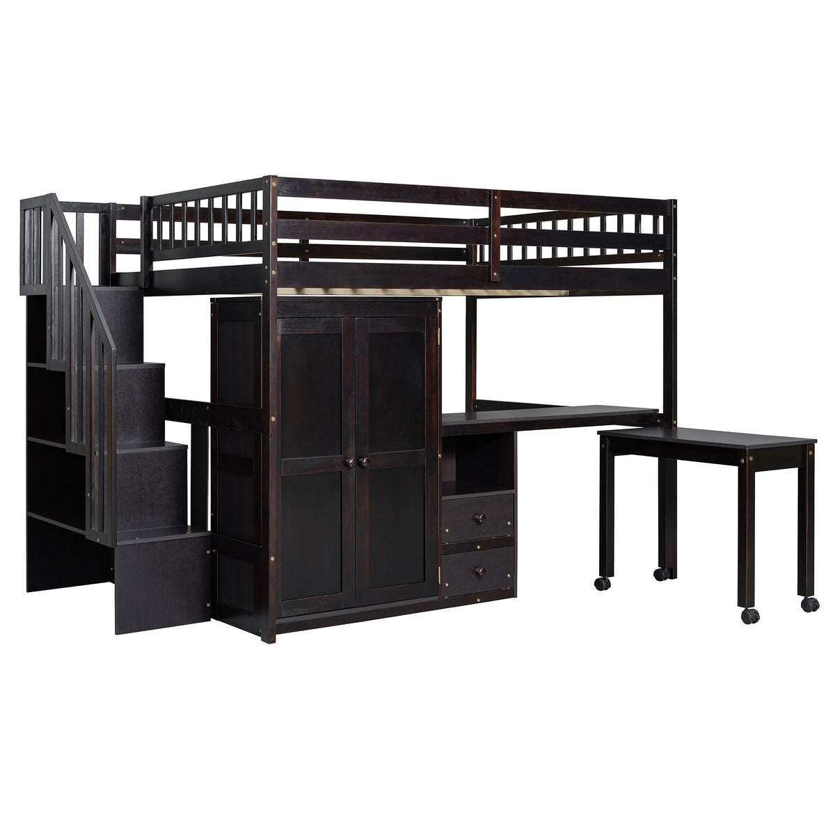 Full Size Loft Bed With Stairs, Bookshelf, Drawers, Desk & Wardrobe, Space Saving Multifunctional Furniture - Espresso